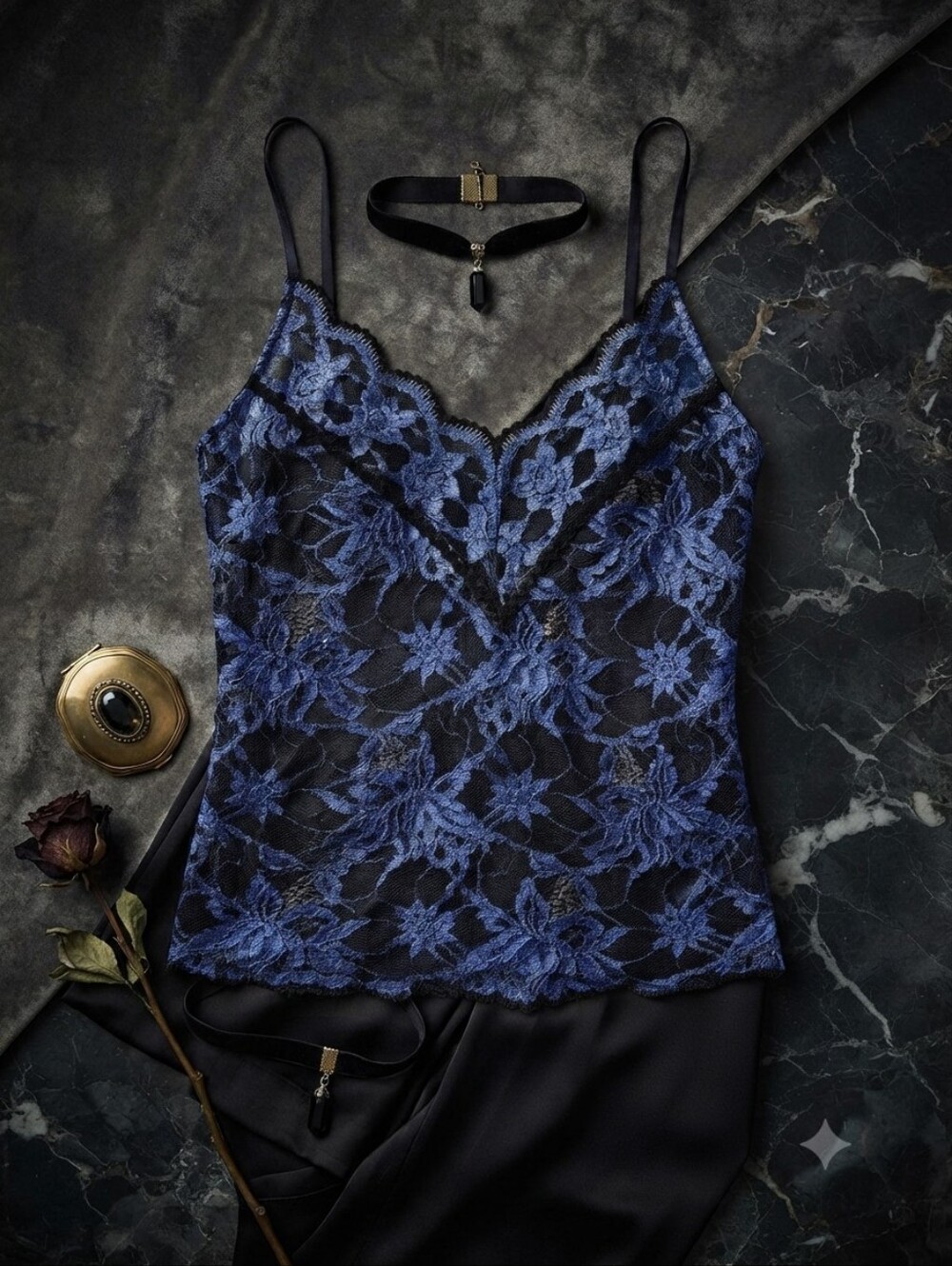 Vintage Lady Dallas Cameo Blue Black Fully Sheer Lace Camisole Tank Top